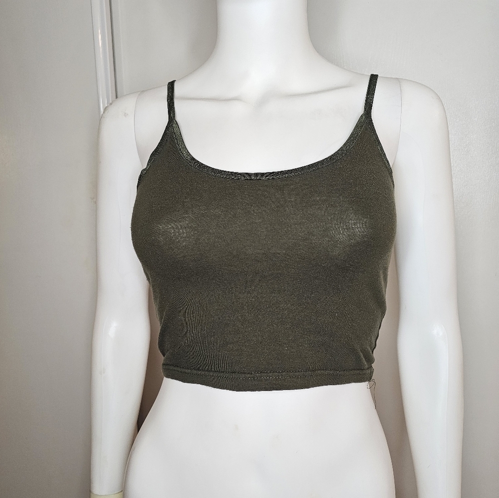 Rosio Olive Green Basic Tank Top Cropped Cotton/Spandex Size SM Spaghetti Strap